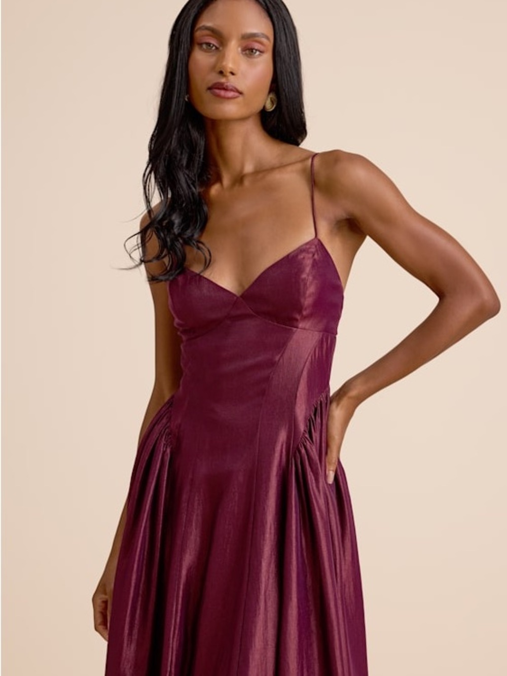 Lulu's Paride Shiny Plum Gathered Lace Up Midi Dress